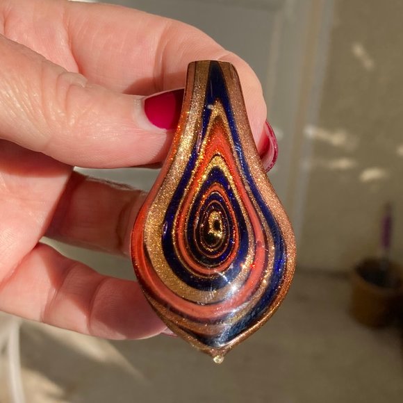 Vintage Glass Swirl Earrings and Pendant Gold Orange Blue - Picture 3 of 4